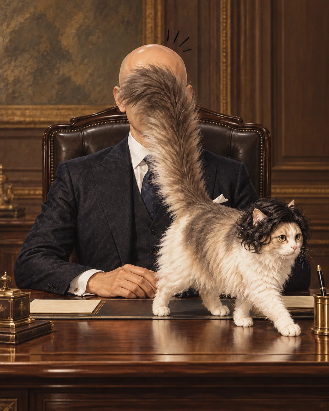 An imagined portrait of the Treasury Minister, surprised as a cat wears his fallen wig.