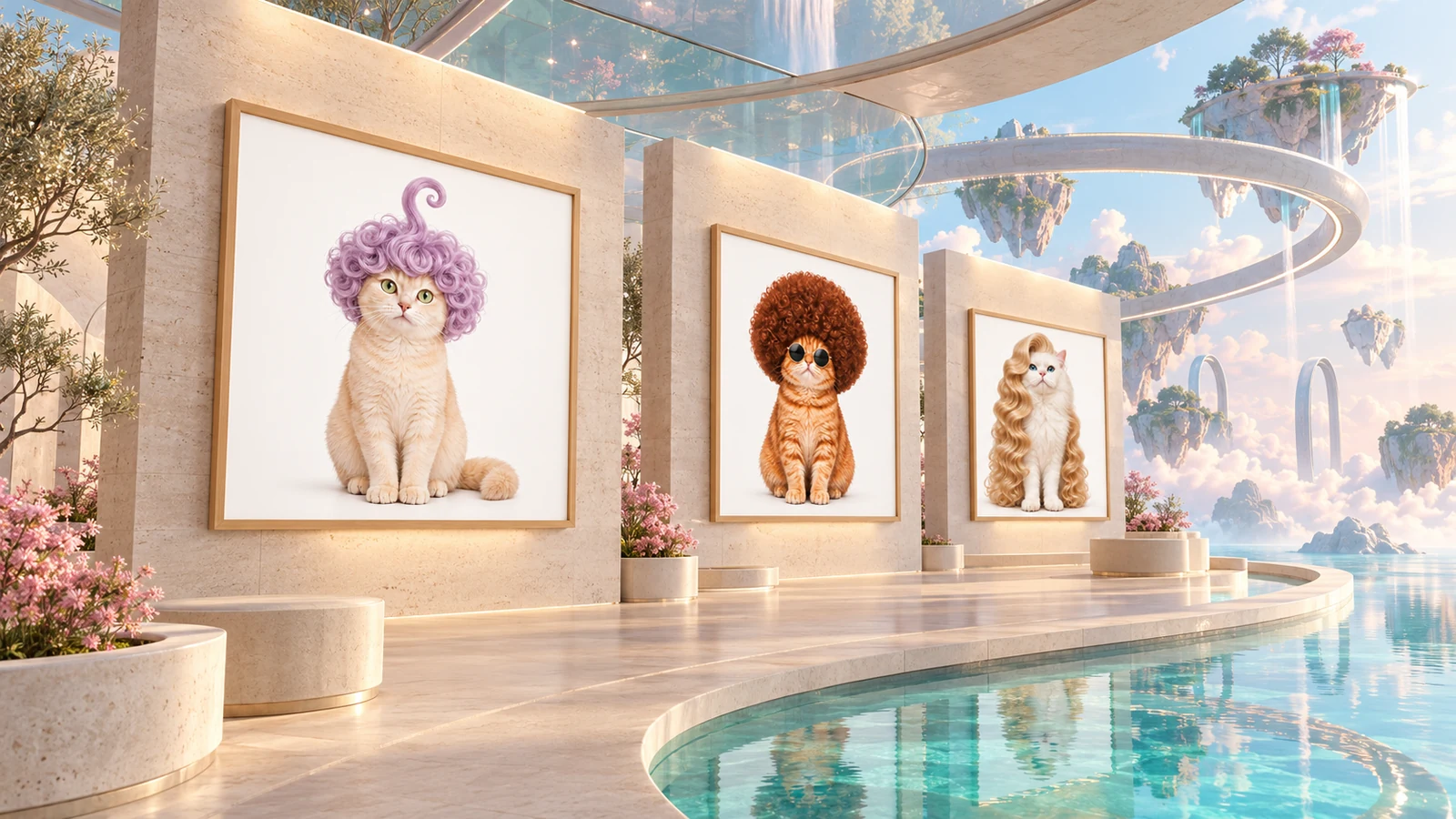 Three WIG CAT portraits in a fantastical floating-island gallery with a pool.