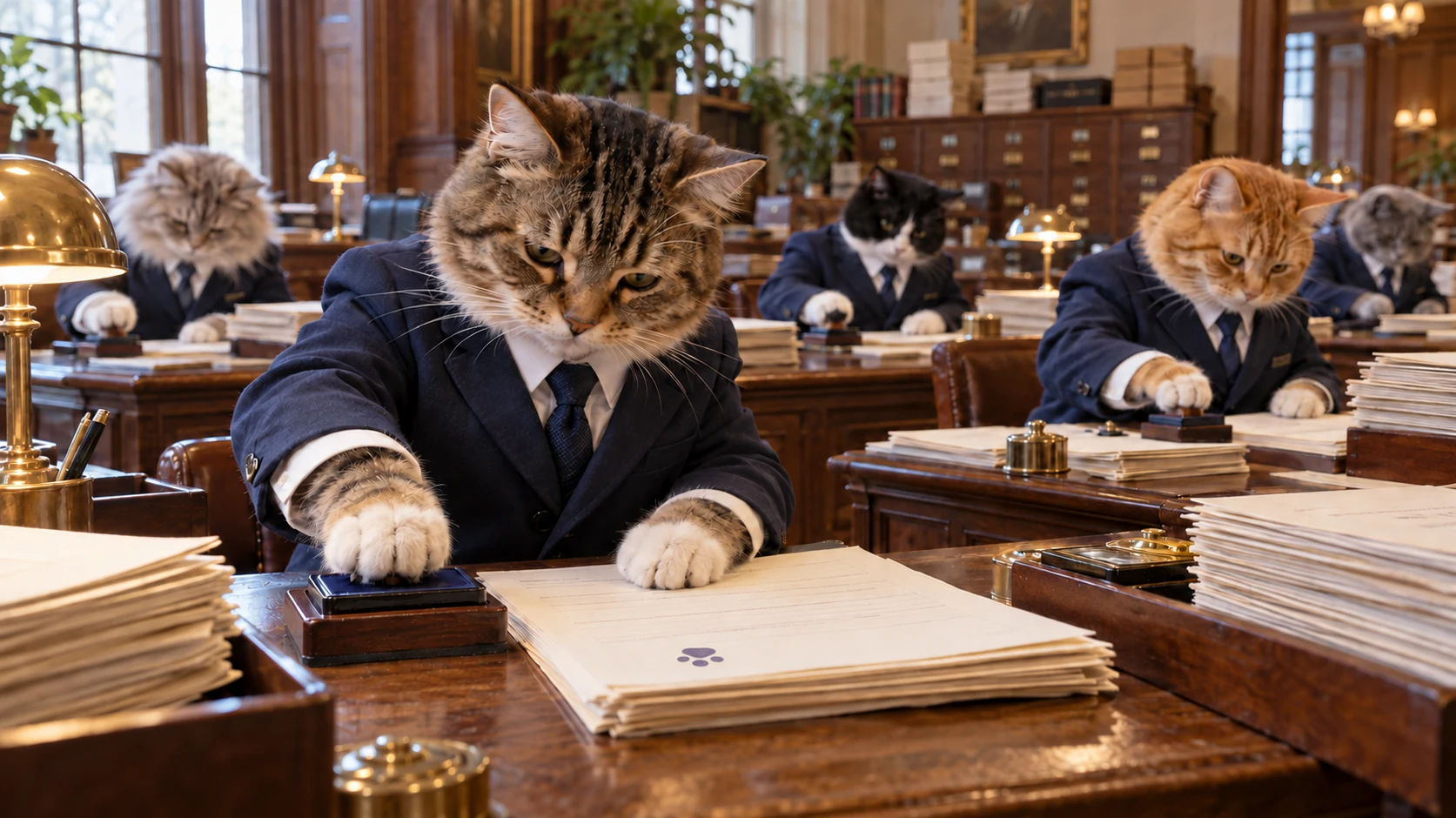 Cat officials approve Treasury papers with paw prints in a busy office.