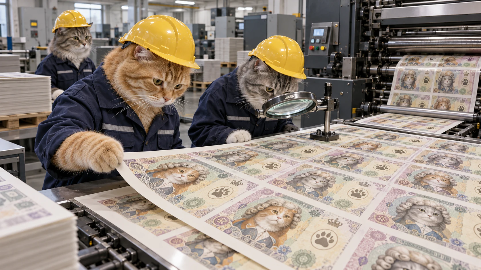 Cat inspectors check freshly printed cat banknotes on a press.
