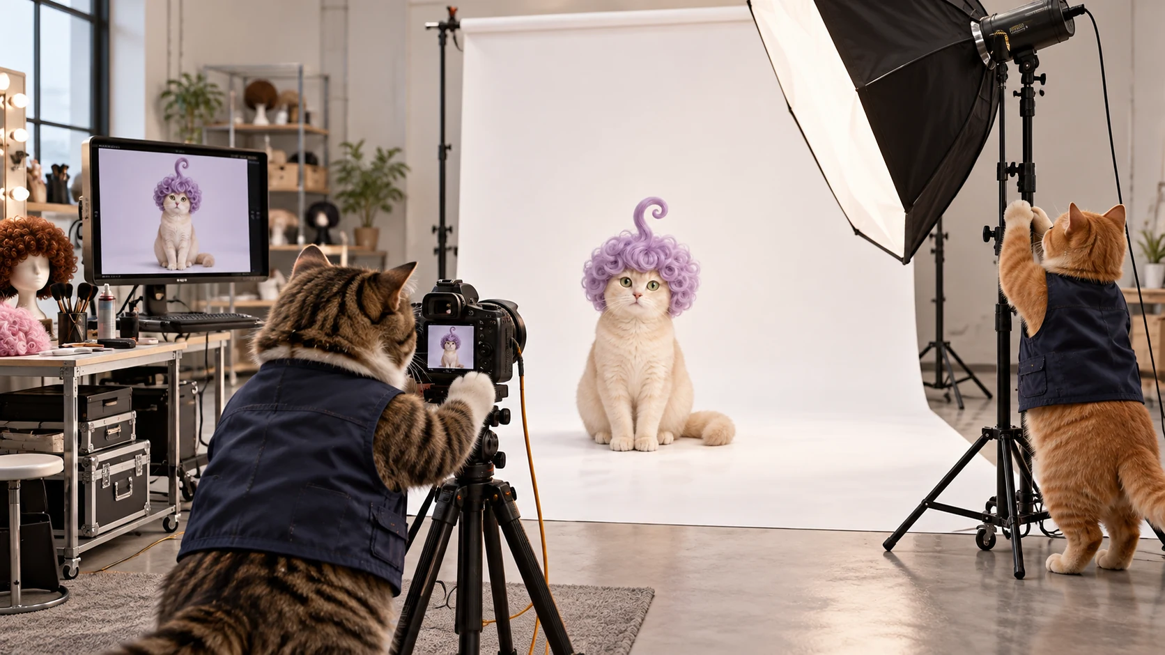 Cats photograph a WIG CAT model in the Treasury photo studio.