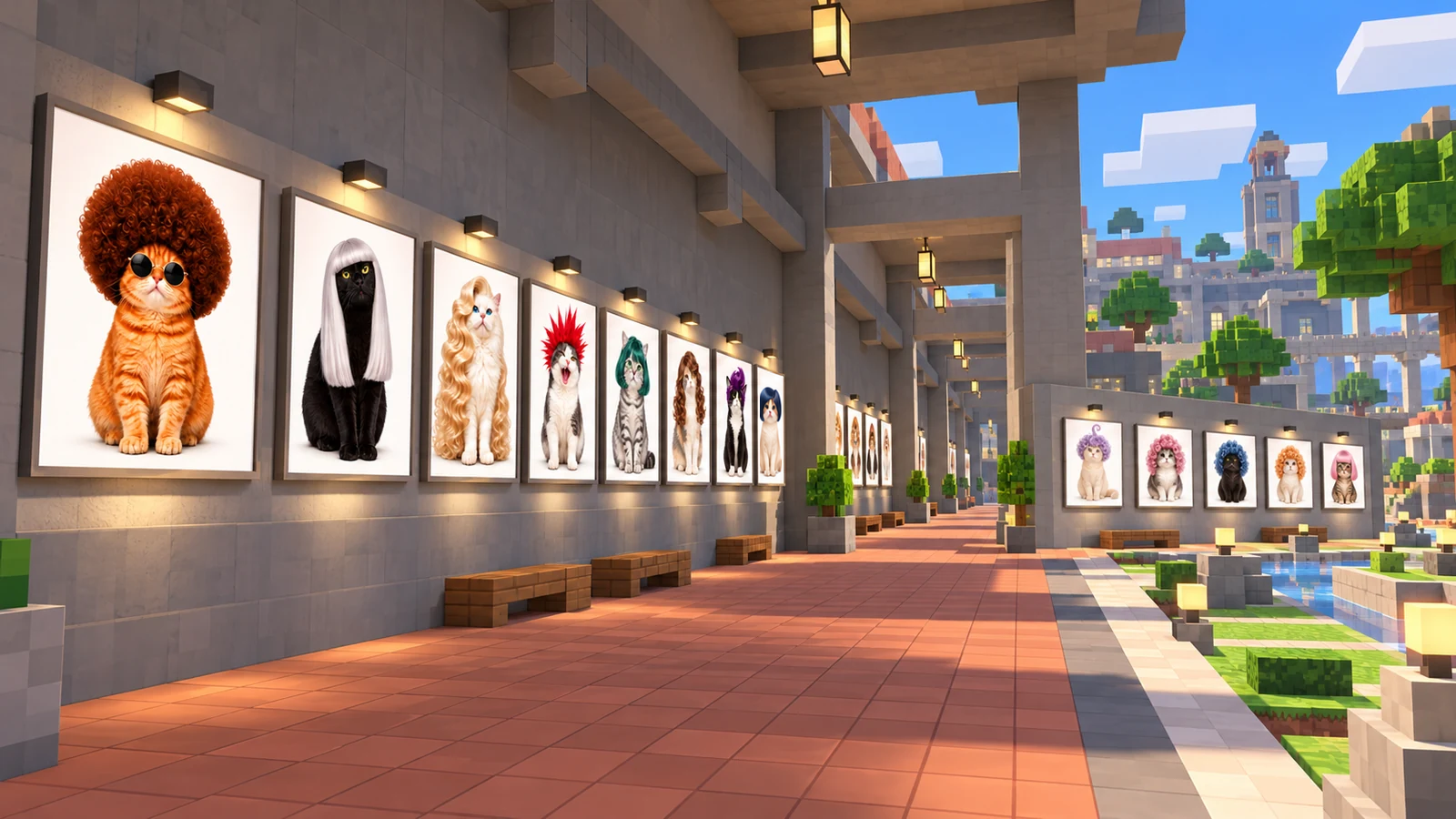 A covered outdoor gallery of WIG CAT portraits in an imagined block-style town.