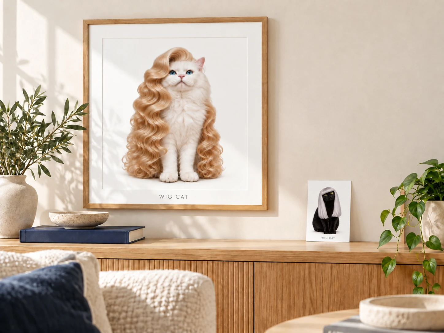 Concept image of a large framed WIG CAT print with a smaller black-cat postcard.