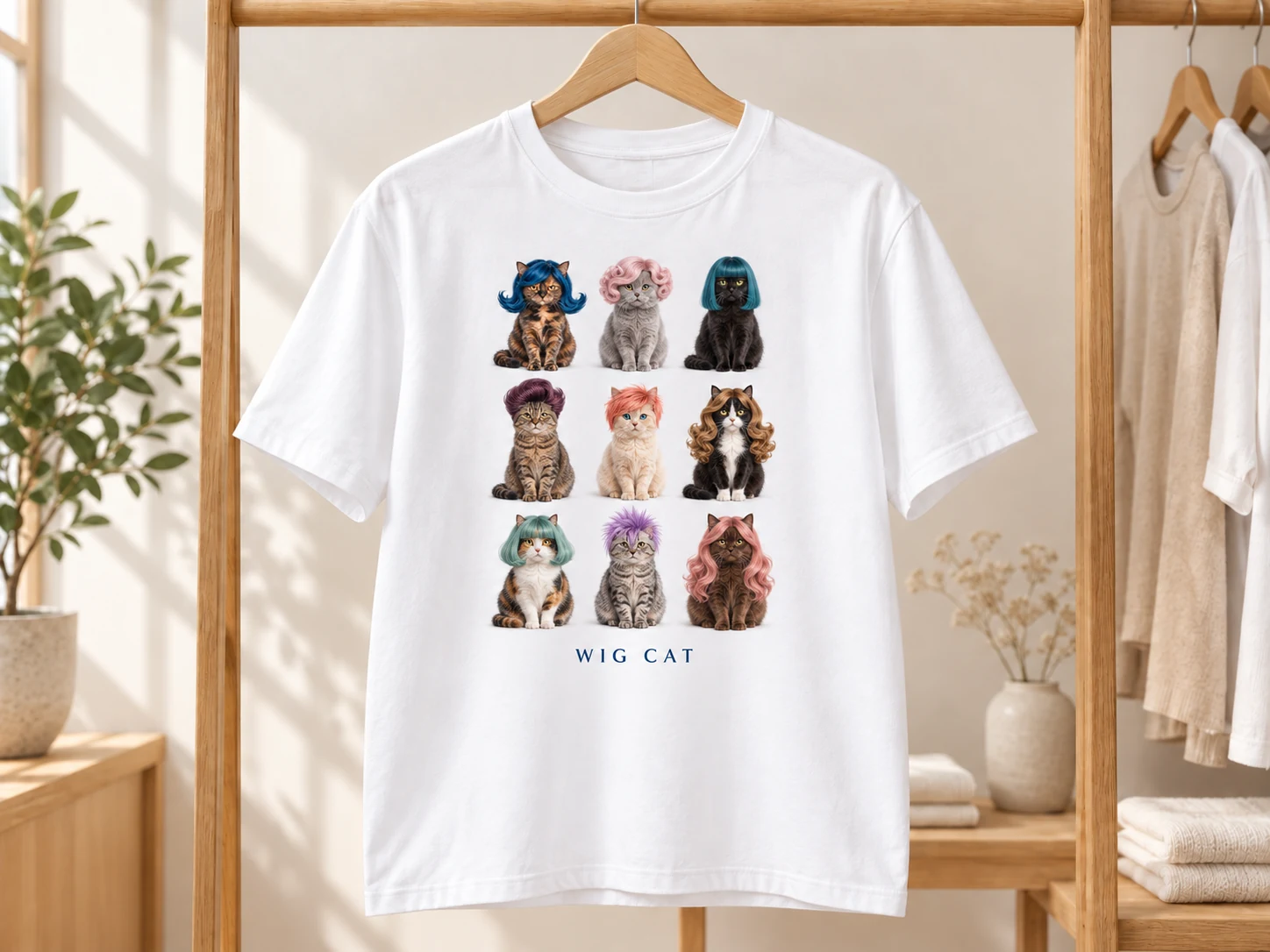 Concept image of a T-shirt with a three-by-three grid of small WIG CAT portraits.