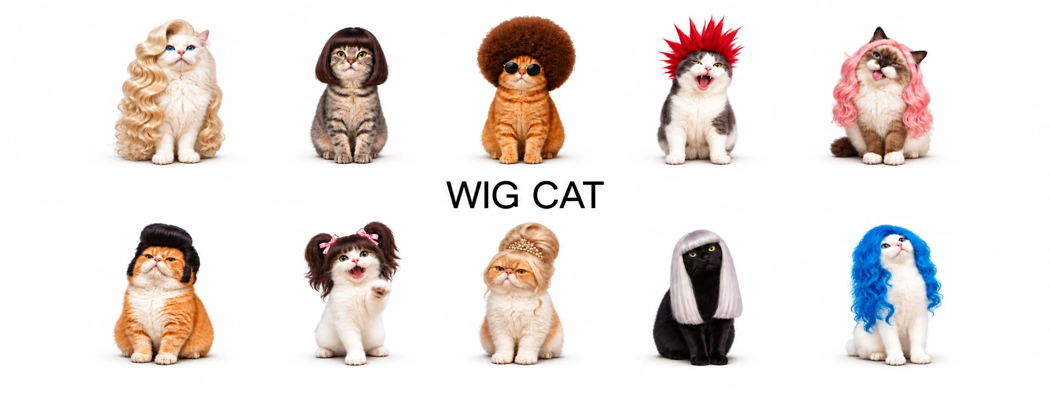 WIG CAT collection banner showing ten cats in a variety of wigs and hairstyles.