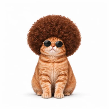 Orange tabby cat wearing a brown afro wig and round sunglasses.