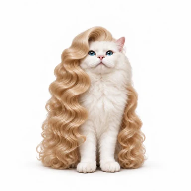 White cat wearing a long blonde wig.