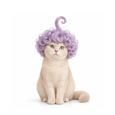 Cream-colored cat wearing a lavender curly wig.