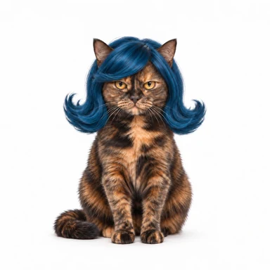 Tortoiseshell cat wearing a petrol-blue wig with flipped ends.