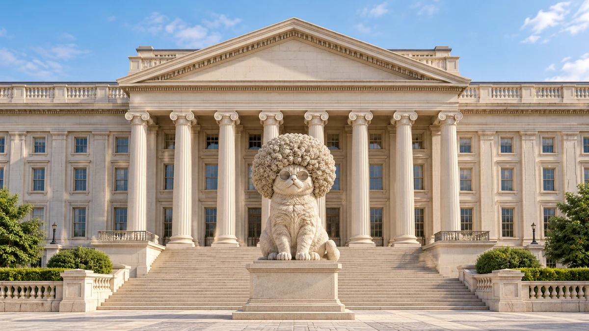 A fictional treasury building with a stone statue of a cat wearing a wig.